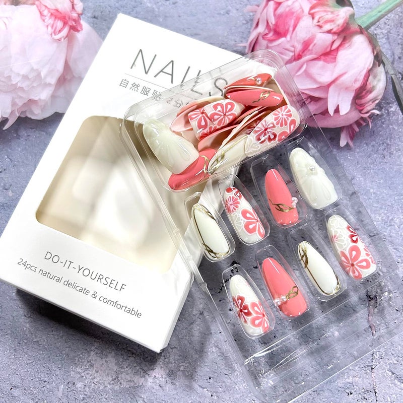 CJDLTS Flower Medium Almond Shaped 3D Pink Floral with Pearl Glossy Design Stick on Nails Glue on Full Cover Reusable Coffin Press on Nails Artificial Acrylic Fingernails for Women Manicure 30Pcs - Image 4
